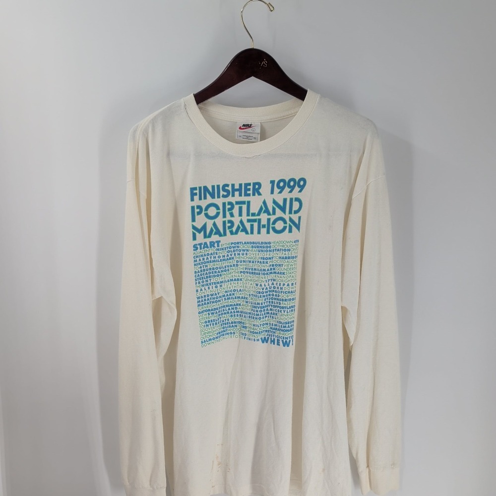 Vintage 90's Nike Finisher Portland Marathon 1999 Lettering T-Shirt Ivory Size L